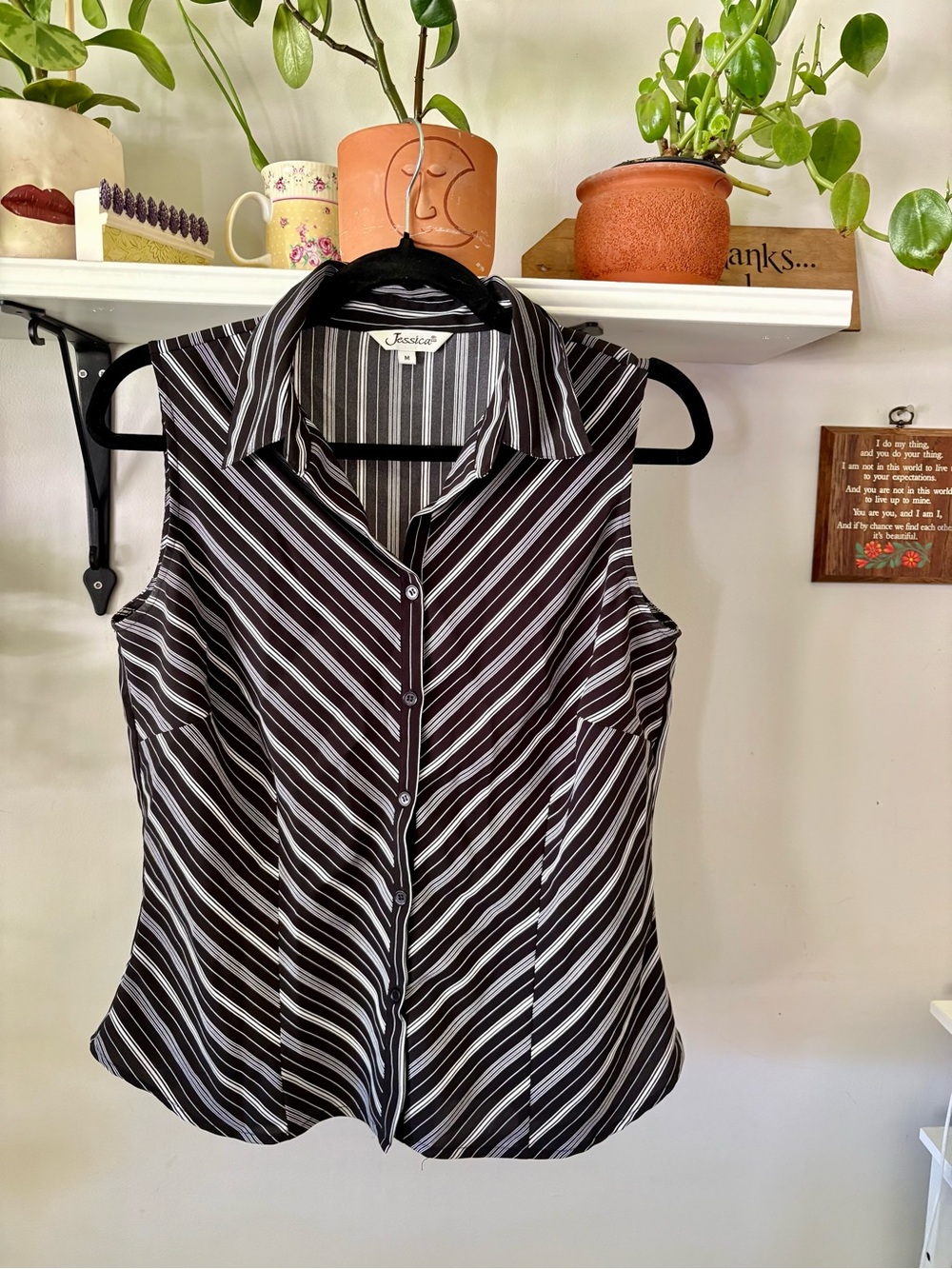Jessica Black & White Striped Sleeveless Button-Front Shirt
